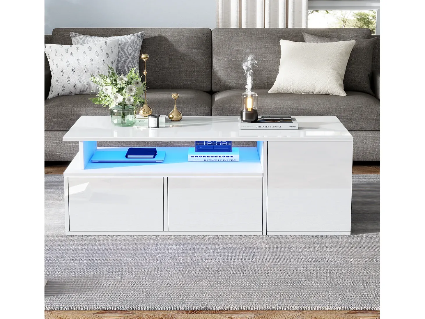 Mesa de centro alto brillo 100×50×35 cm - con iluminación LED - 2 cajones - 3 compartimentos de almacenamiento - blanco