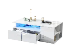 Mesa de centro alto brillo 100×50×35 cm - con iluminación LED - 2 cajones - 3 compartimentos de almacenamiento - blanco