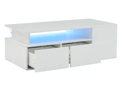 Mesa de centro alto brillo 100×50×35 cm - con iluminación LED - 2 cajones - 3 compartimentos de almacenamiento - blanco