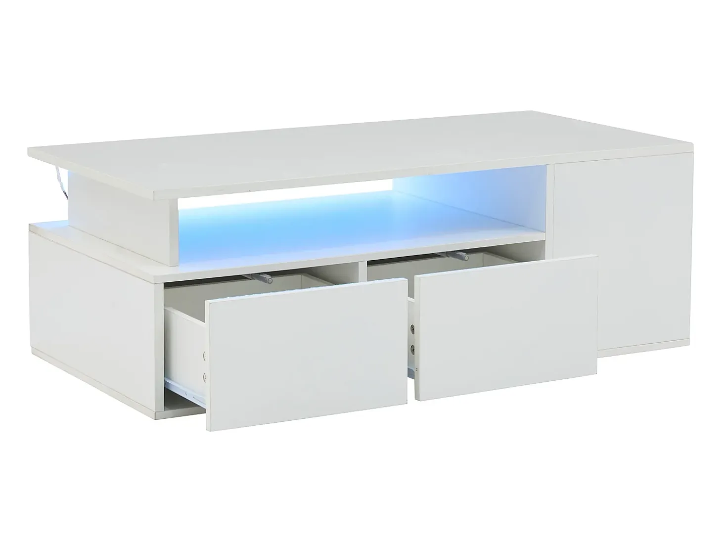 Mesa de centro alto brillo 100×50×35 cm - con iluminación LED - 2 cajones - 3 compartimentos de almacenamiento - blanco