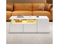 Mesa de centro alto brillo 100×50×35 cm - con iluminación LED - 2 cajones - 3 compartimentos de almacenamiento - blanco