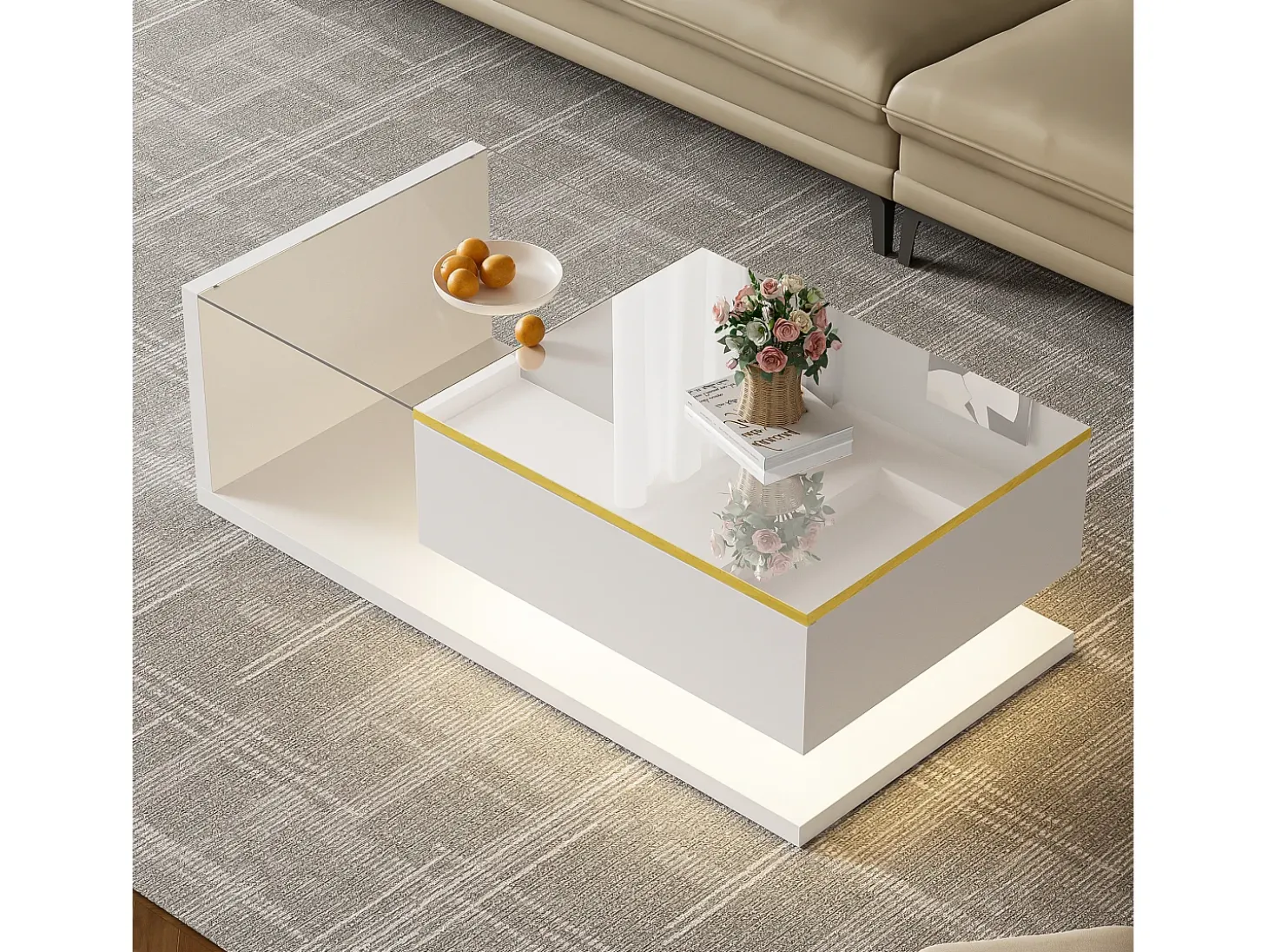 Mesa de centro blanca 100 cm - Mesa de centro con iluminación LED y separadores de espacio - espacio abierto - para sala de estar