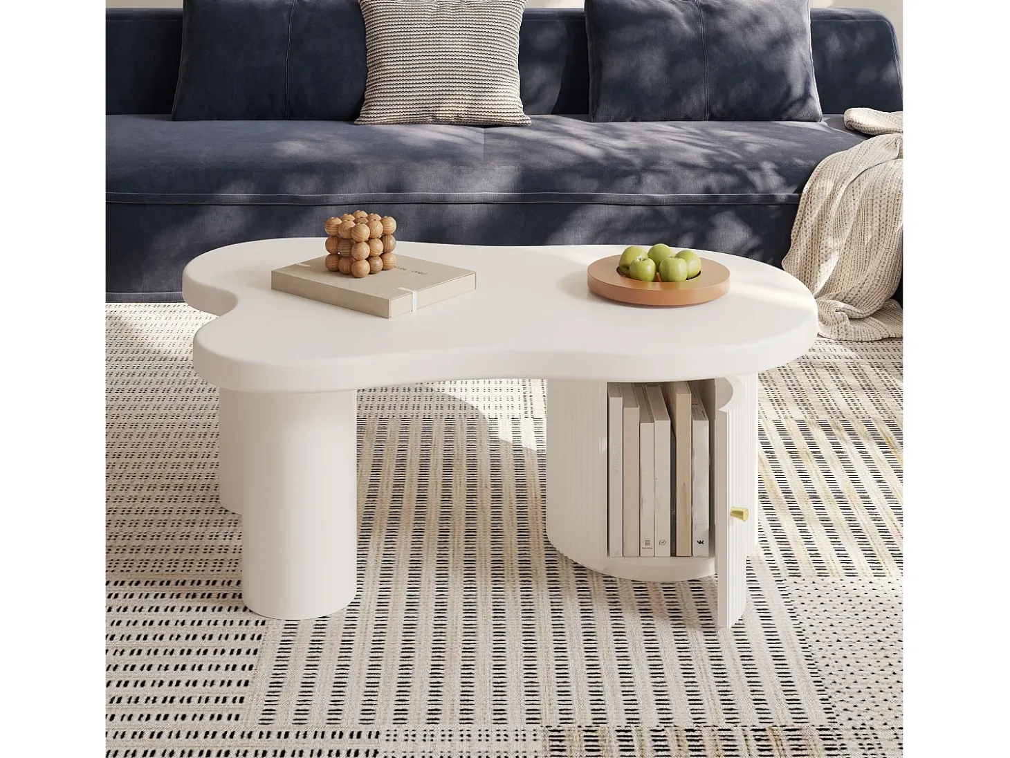 Mesa de centro blanca - Mesa de centro con 1 puerta y patas cilíndricas - diseño en forma de nube - para salones y oficinas