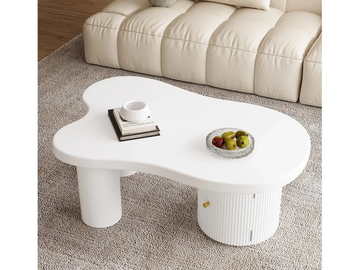 Mesa de centro blanca - Mesa de centro con 1 puerta y patas cilíndricas - diseño en forma de nube - para salones y oficinas