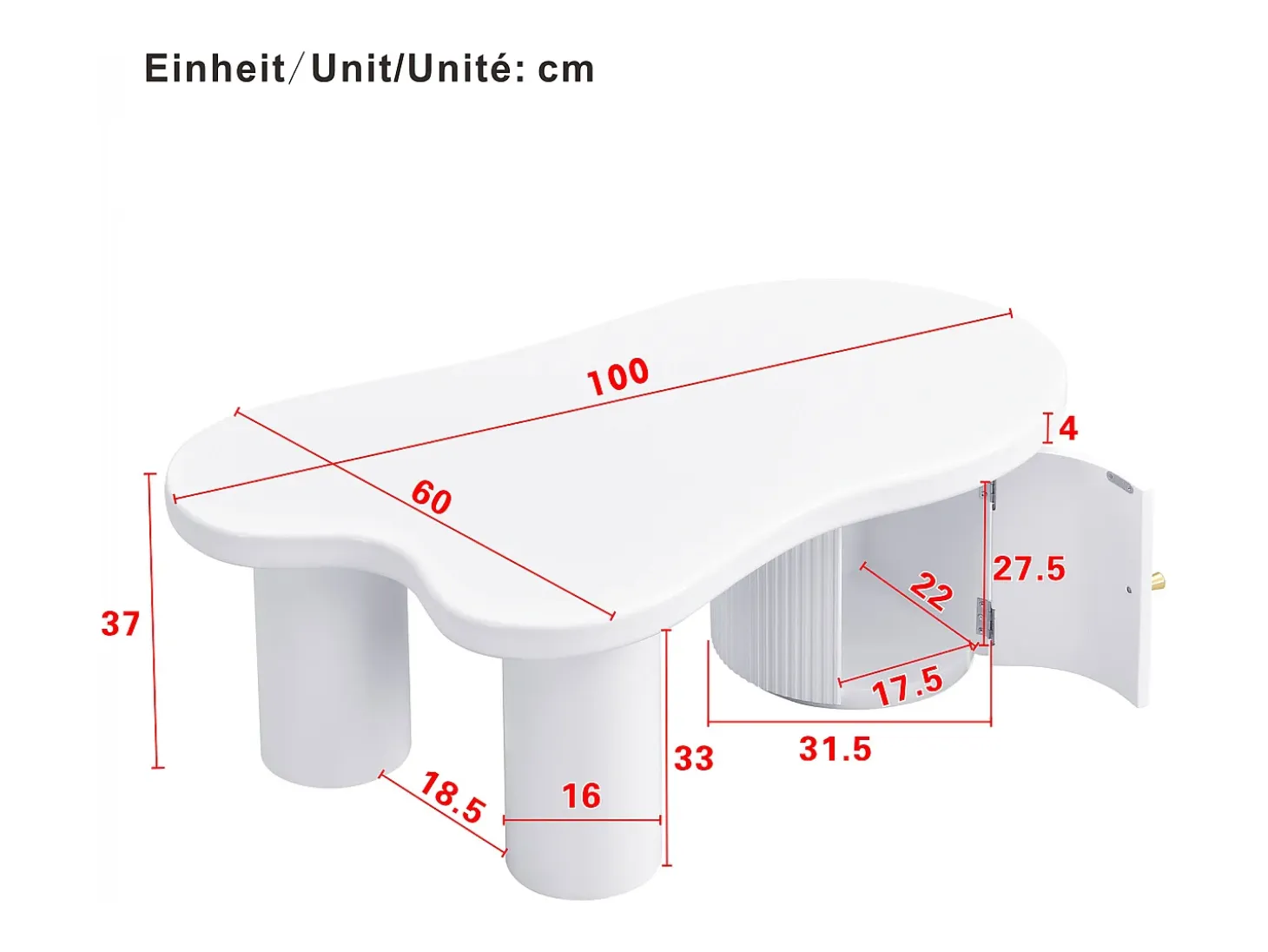 Mesa de centro blanca - Mesa de centro con 1 puerta y patas cilíndricas - diseño en forma de nube - para salones y oficinas