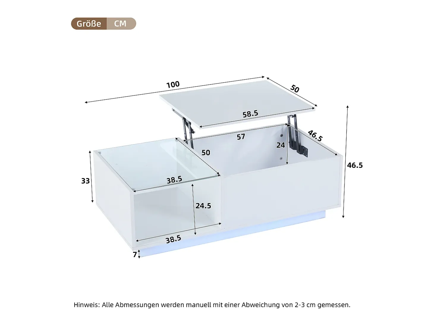 Mesa de centro blanca - Mesa auxiliar con iluminación LED y altura ajustable - almacenamiento y estantes ocultos - para sala de estar