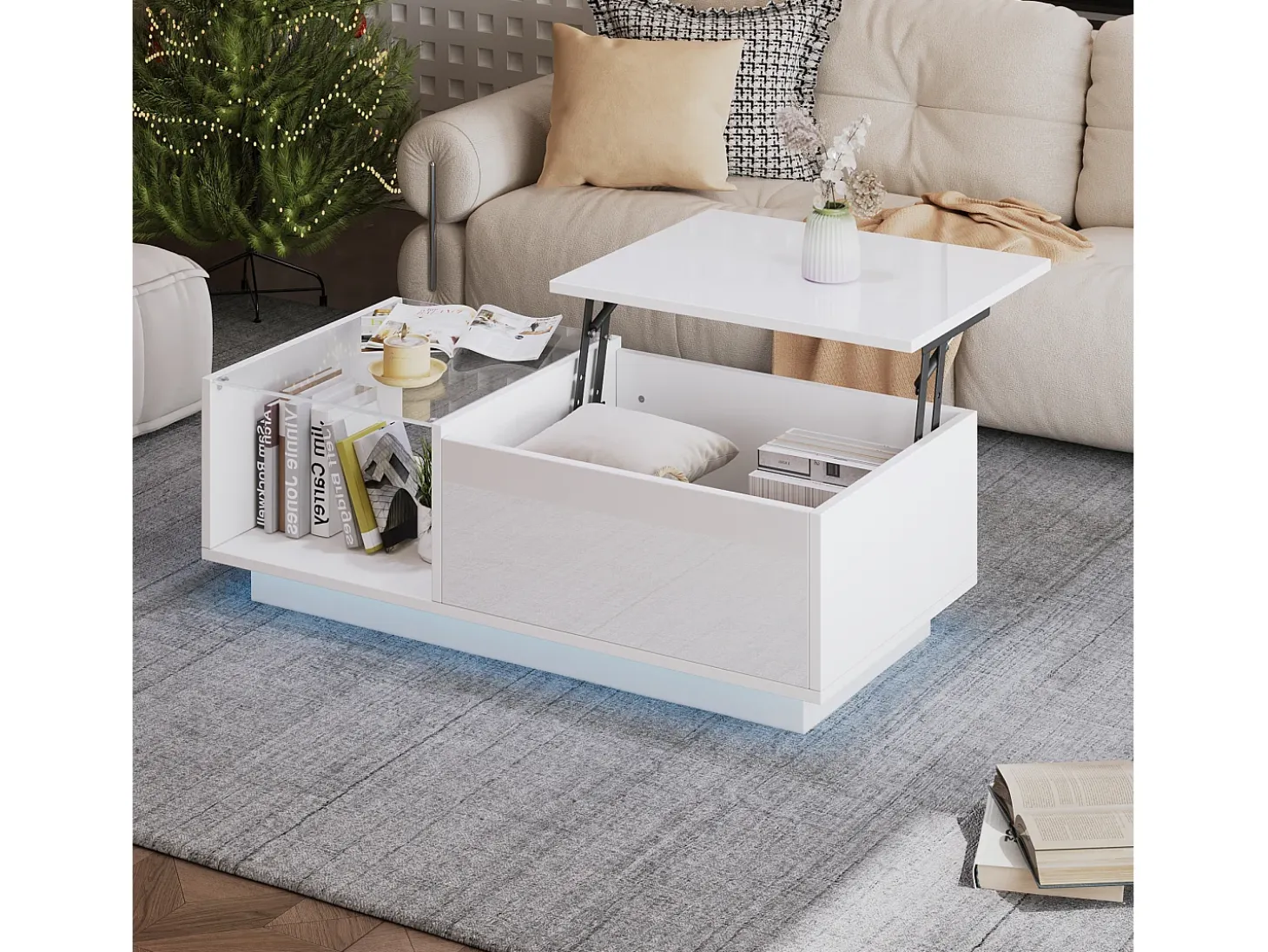 Mesa de centro blanca - Mesa auxiliar con iluminación LED y altura ajustable - almacenamiento y estantes ocultos - para sala de estar