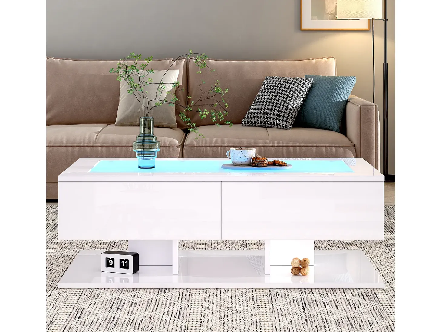 Mesa de centro blanca con luz LED, 2 cajones de almacenamiento y tablero de vidrio