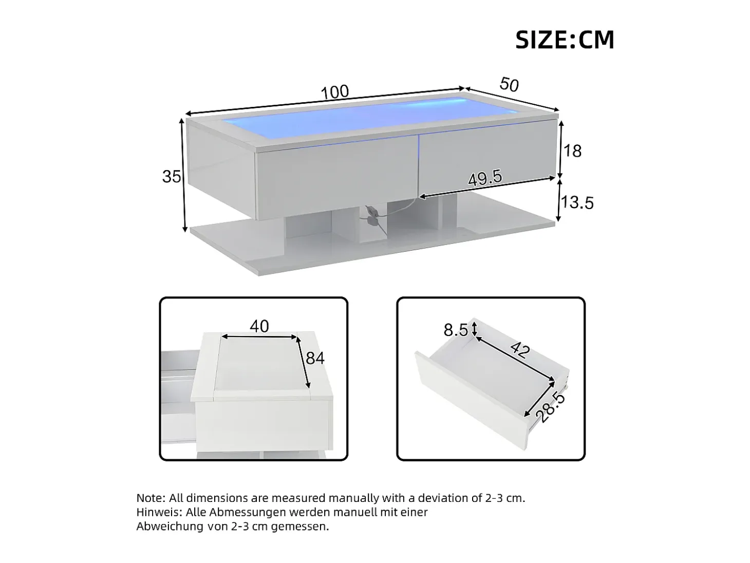 Mesa de centro blanca con luz LED, 2 cajones de almacenamiento y tablero de vidrio
