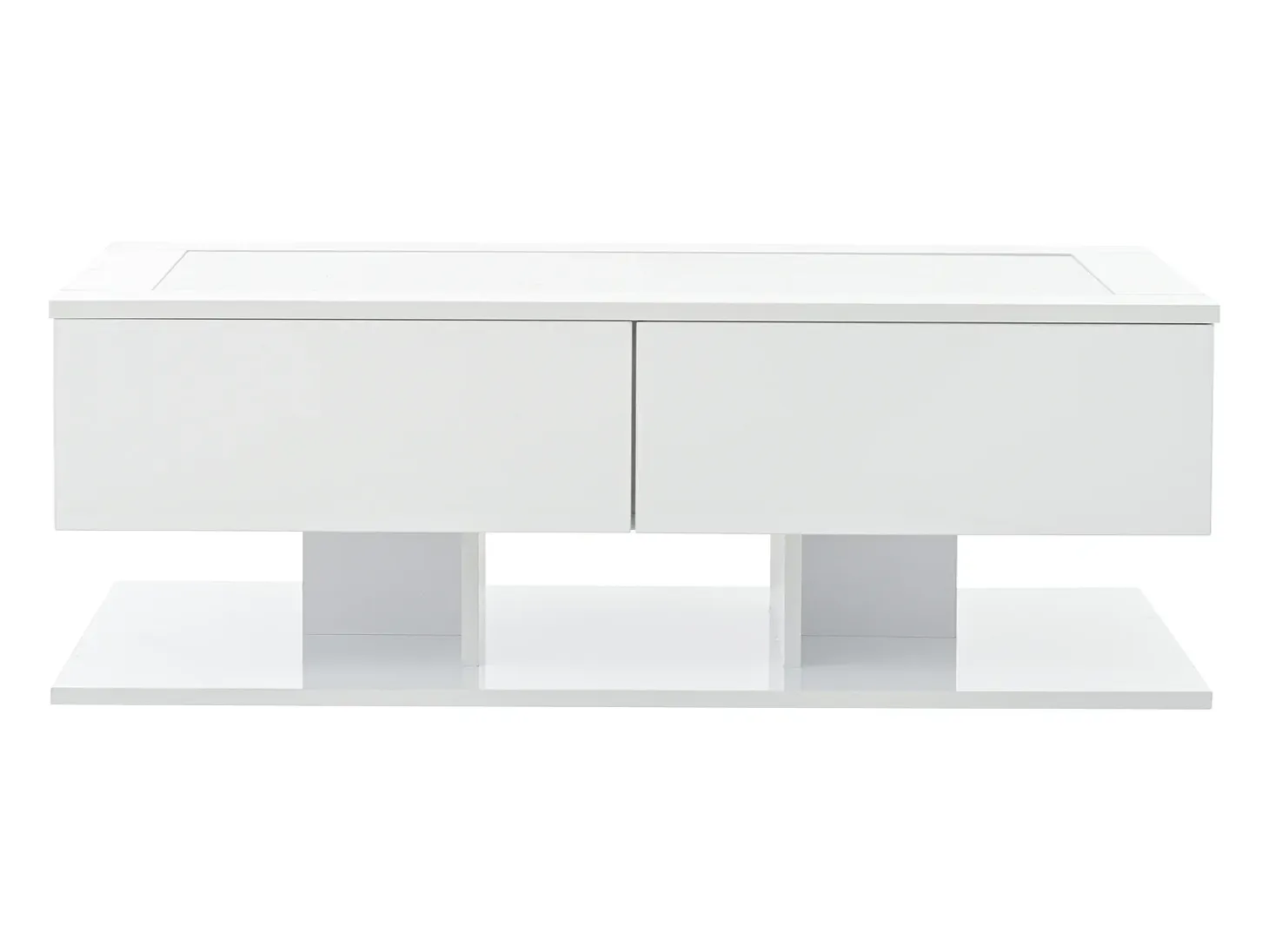 Mesa de centro blanca con luz LED, 2 cajones de almacenamiento y tablero de vidrio