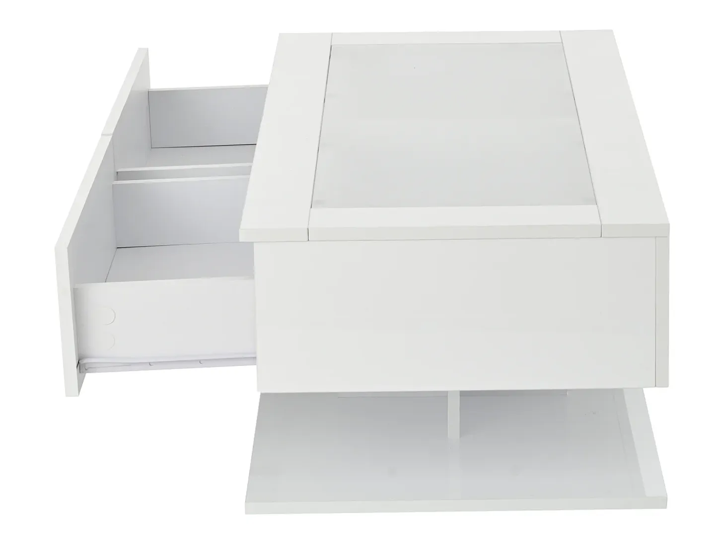 Mesa de centro blanca con luz LED, 2 cajones de almacenamiento y tablero de vidrio