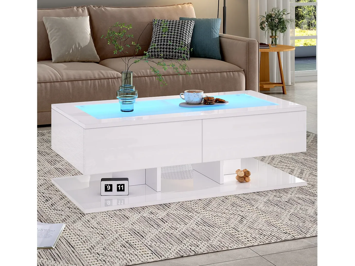 Mesa de centro blanca con luz LED, 2 cajones de almacenamiento y tablero de vidrio