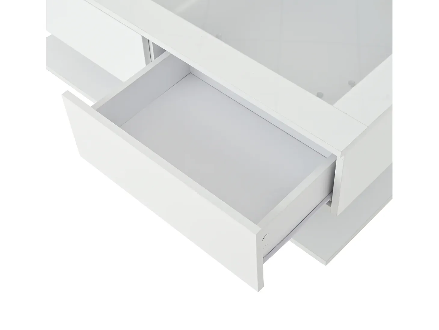 Mesa de centro blanca con luz LED, 2 cajones de almacenamiento y tablero de vidrio