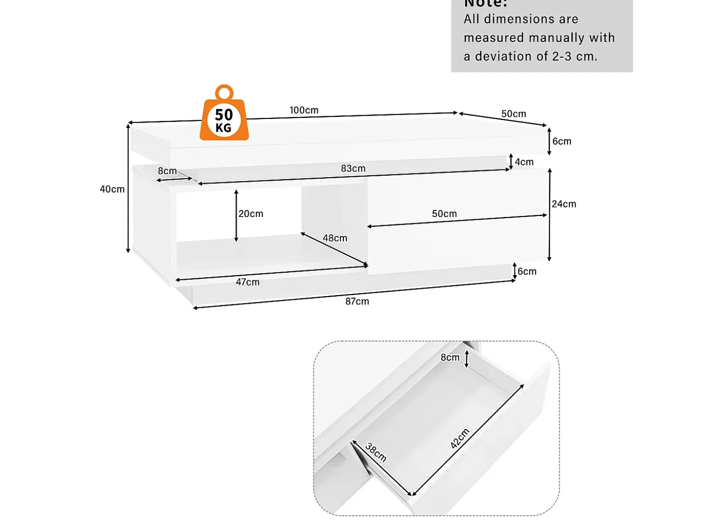 Mesa de centro blanca con luces LED, 1 cajón y compartimento abierto, ideal para salón y oficina