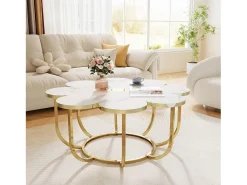 Mesa de centro blanca y dorada, mesa de centro moderna con forma de flor de 100 cm con tablero de mármol sintético, mesa central con detalles florales y marco de metal para sala de estar y dormitorio