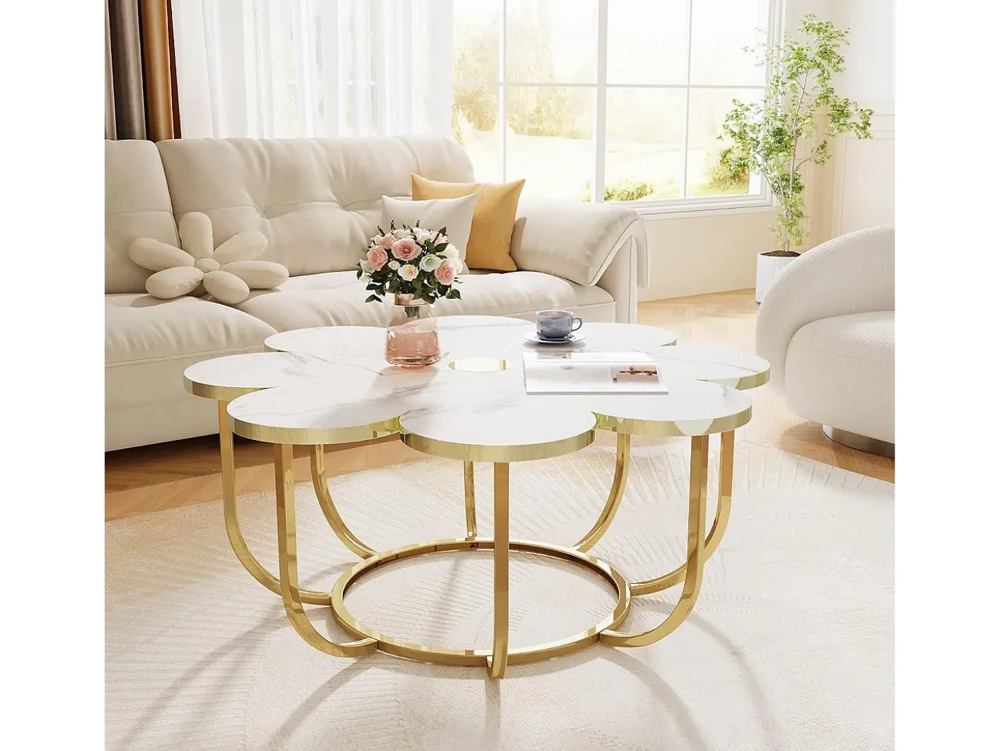 Mesa de centro blanca y dorada, mesa de centro moderna con forma de flor de 100 cm con tablero de mármol sintético, mesa central con detalles florales y marco de metal para sala de estar y dormitorio