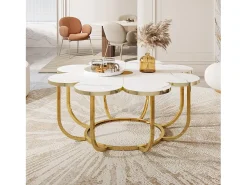 Mesa de centro blanca y dorada, mesa de centro moderna con forma de flor de 100 cm con tablero de mármol sintético, mesa central con detalles florales y marco de metal para sala de estar y dormitorio