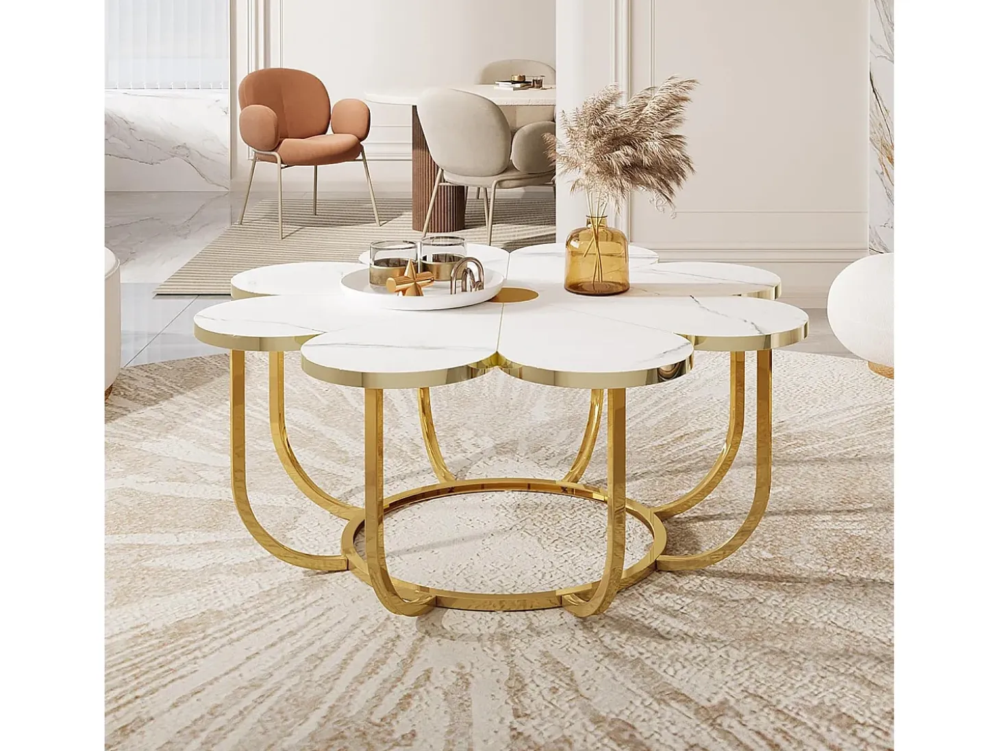Mesa de centro blanca y dorada, mesa de centro moderna con forma de flor de 100 cm con tablero de mármol sintético, mesa central con detalles florales y marco de metal para sala de estar y dormitorio