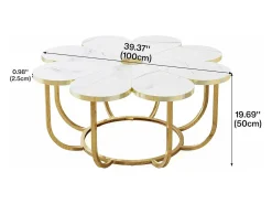 Mesa de centro blanca y dorada, mesa de centro moderna con forma de flor de 100 cm con tablero de mármol sintético, mesa central con detalles florales y marco de metal para sala de estar y dormitorio