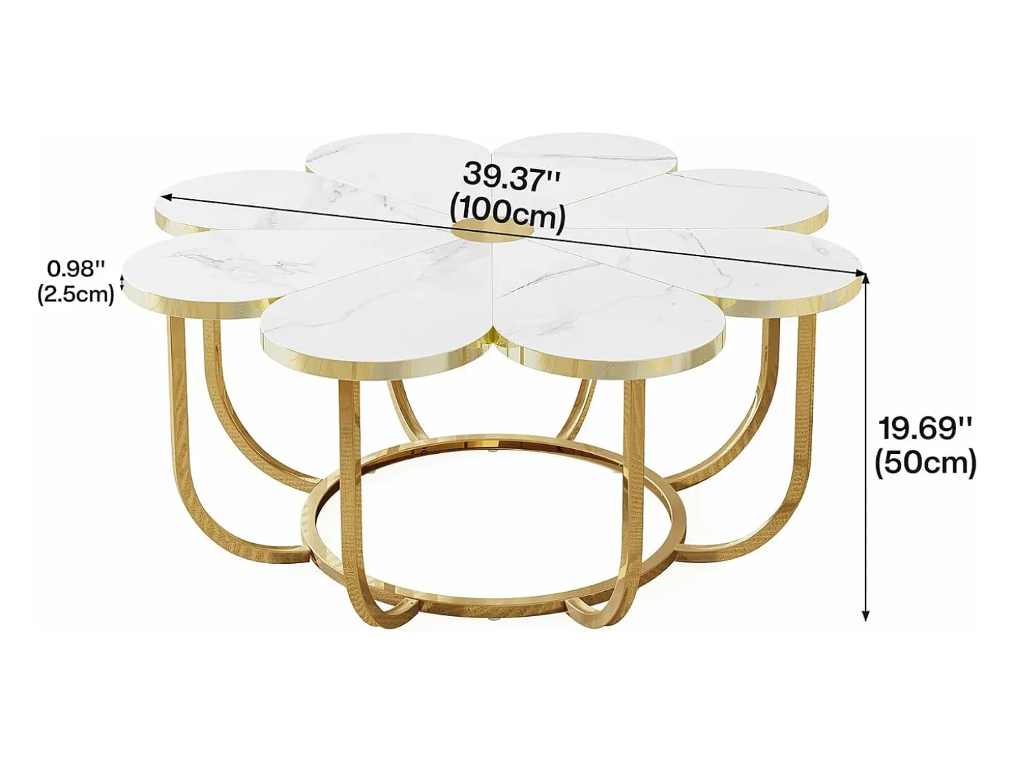 Mesa de centro blanca y dorada, mesa de centro moderna con forma de flor de 100 cm con tablero de mármol sintético, mesa central con detalles florales y marco de metal para sala de estar y dormitorio