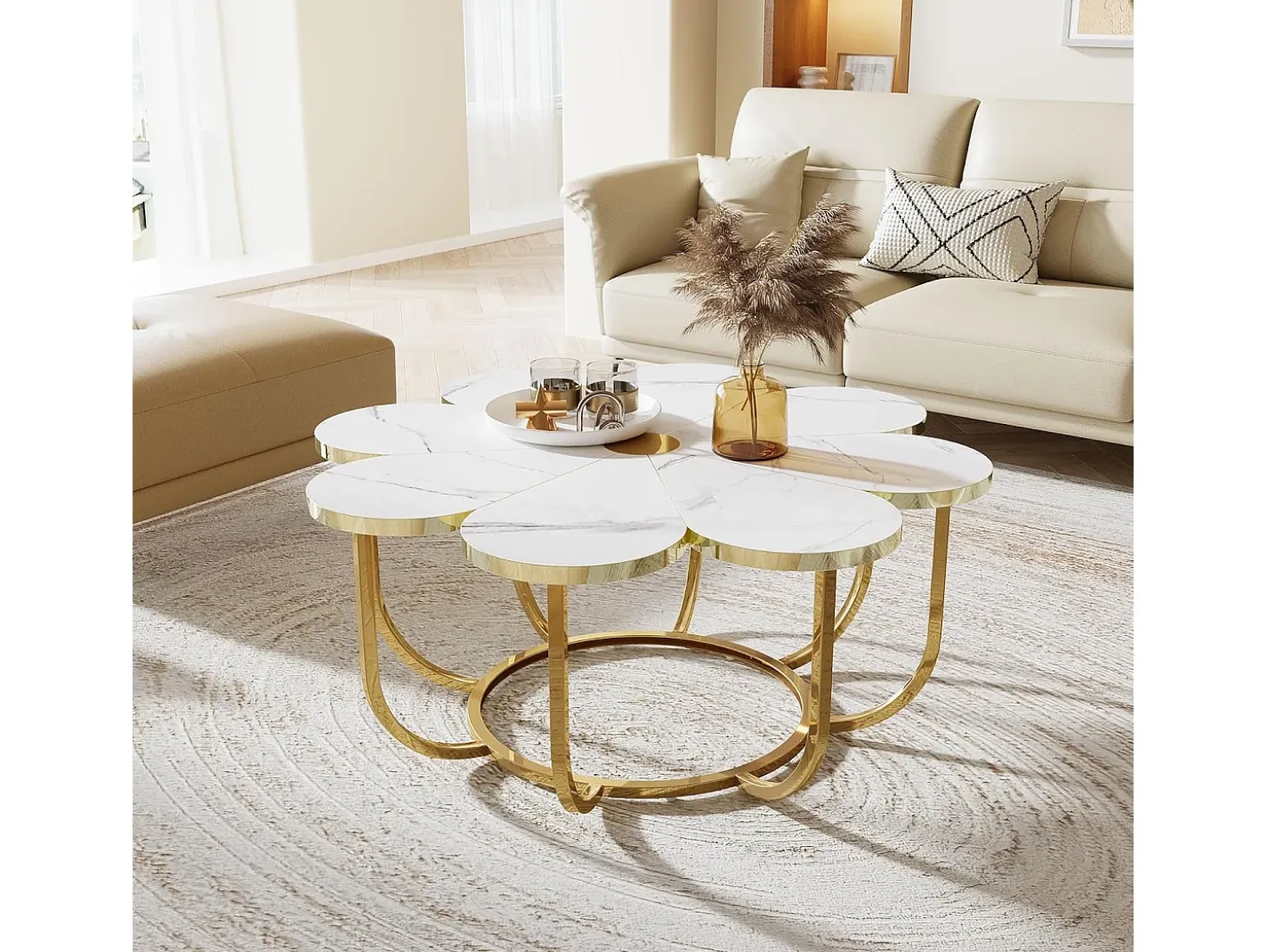 Mesa de centro blanca y dorada, mesa de centro moderna con forma de flor de 100 cm con tablero de mármol sintético, mesa central con detalles florales y marco de metal para sala de estar y dormitorio