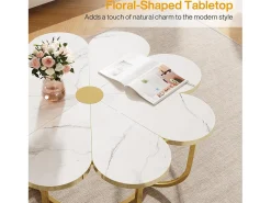 Mesa de centro blanca y dorada, mesa de centro moderna con forma de flor de 100 cm con tablero de mármol sintético, mesa central con detalles florales y marco de metal para sala de estar y dormitorio