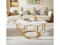 Mesa de centro blanca y dorada, mesa de centro moderna con forma de flor de 100 cm con tablero de mármol sintético, mesa central con detalles florales y marco de metal para sala de estar y dormitorio