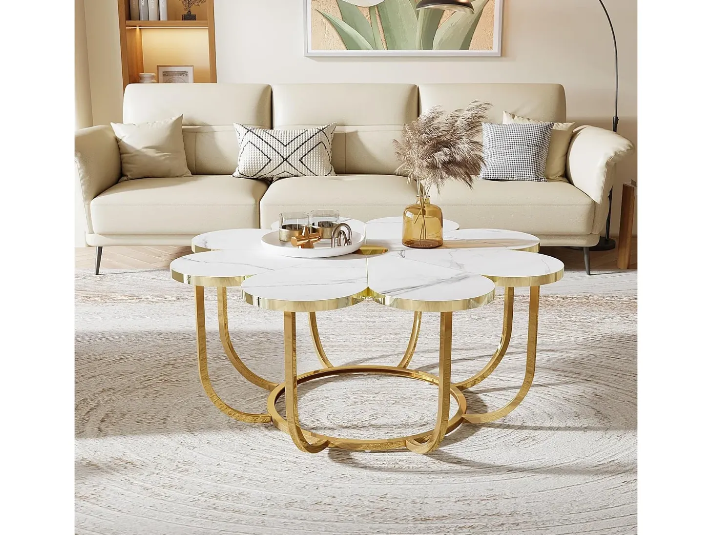Mesa de centro blanca y dorada, mesa de centro moderna con forma de flor de 100 cm con tablero de mármol sintético, mesa central con detalles florales y marco de metal para sala de estar y dormitorio