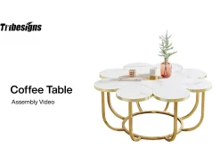 Mesa de centro blanca y dorada, mesa de centro moderna con forma de flor de 100 cm con tablero de mármol sintético, mesa central con detalles florales y marco de metal para sala de estar y dormitorio