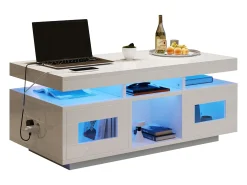 Mesa de centro brillante - 100 x 50 x 43 cm - con LED + 2 puertas + puerto de carga y enchufe - aglomerado - blanco