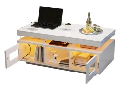 Mesa de centro brillante - 100 x 50 x 43 cm - con LED + 2 puertas + puerto de carga y enchufe - aglomerado - blanco