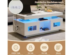 Mesa de centro brillante - 100 x 50 x 43 cm - con LED + 2 puertas + puerto de carga y enchufe - aglomerado - blanco