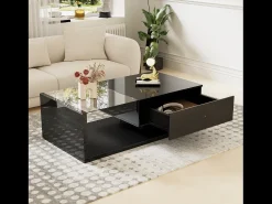 Mesa de centro brillante - 105 x 55 x 32,5 cm - Mesas auxiliares con cristal + LED + 1 cajón - aglomerado - negro