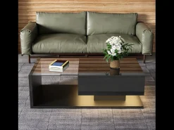 Mesa de centro brillante - 105 x 55 x 32,5 cm - Mesas auxiliares con cristal + LED + 1 cajón - aglomerado - negro