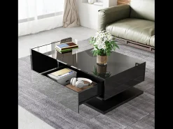Mesa de centro brillante - 105 x 55 x 32,5 cm - Mesas auxiliares con cristal + LED + 1 cajón - aglomerado - negro