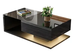 Mesa de centro brillante - 105 x 55 x 32,5 cm - Mesas auxiliares con cristal + LED + 1 cajón - aglomerado - negro