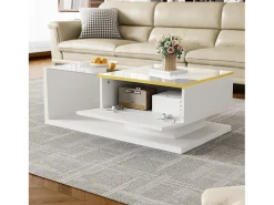 Mesa de centro brillante - 90 x 50 x 32,5 cm - con cristal + efecto LED + espacio de almacenamiento - aglomerado - blanco