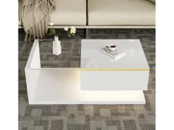 Mesa de centro brillante - 90 x 50 x 32,5 cm - con cristal + efecto LED + espacio de almacenamiento - aglomerado - blanco
