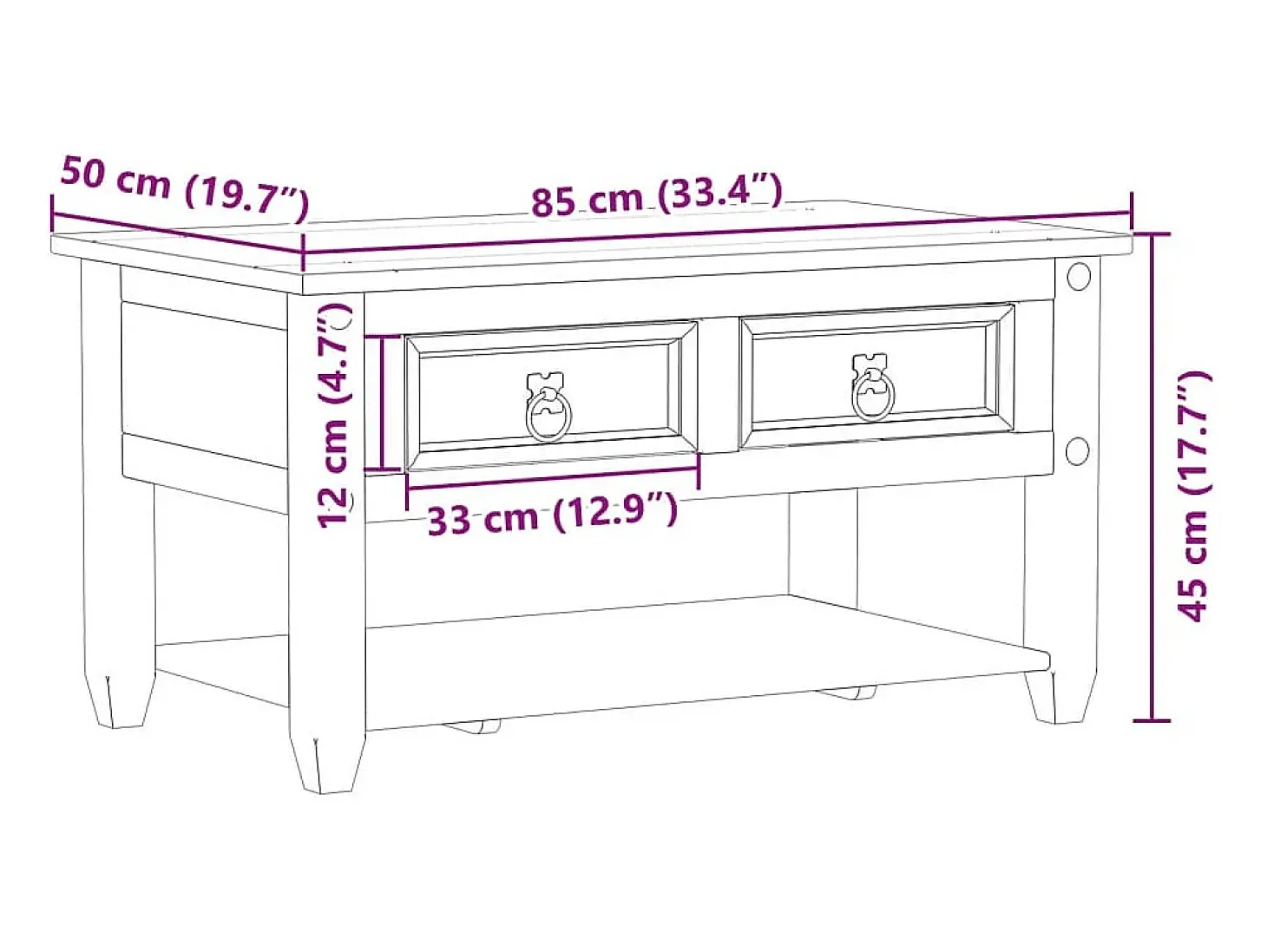 Mesa de centro cajones Corona madera maciza de pino 85x50x45 cm