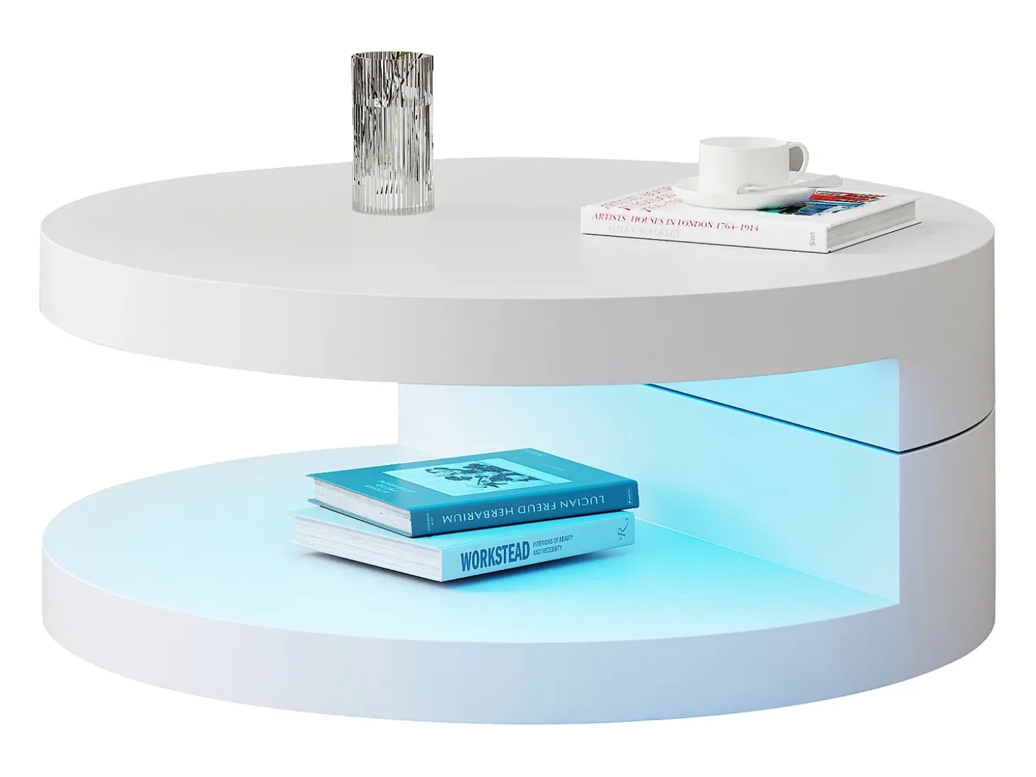 Mesa de centro cilíndrica giratoria 70×70×35,5 cm - Plato giratorio 360° - con iluminación LED - blanco