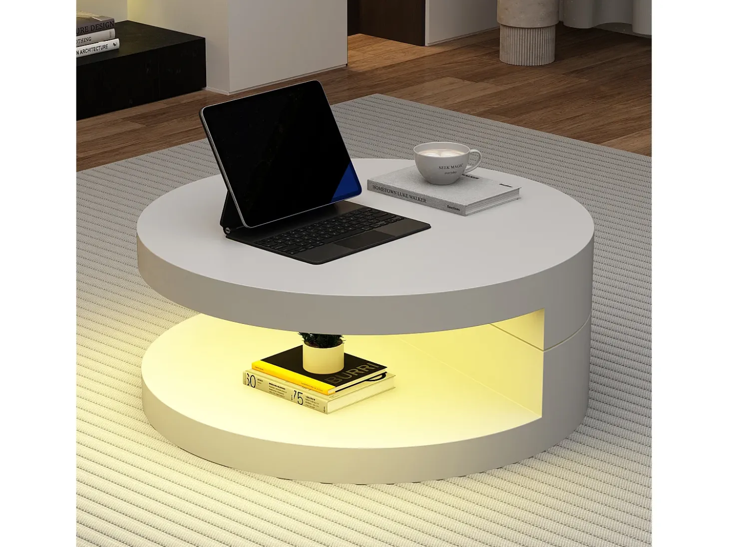 Mesa de centro cilíndrica giratoria 70×70×35,5 cm - Plato giratorio 360° - con iluminación LED - blanco