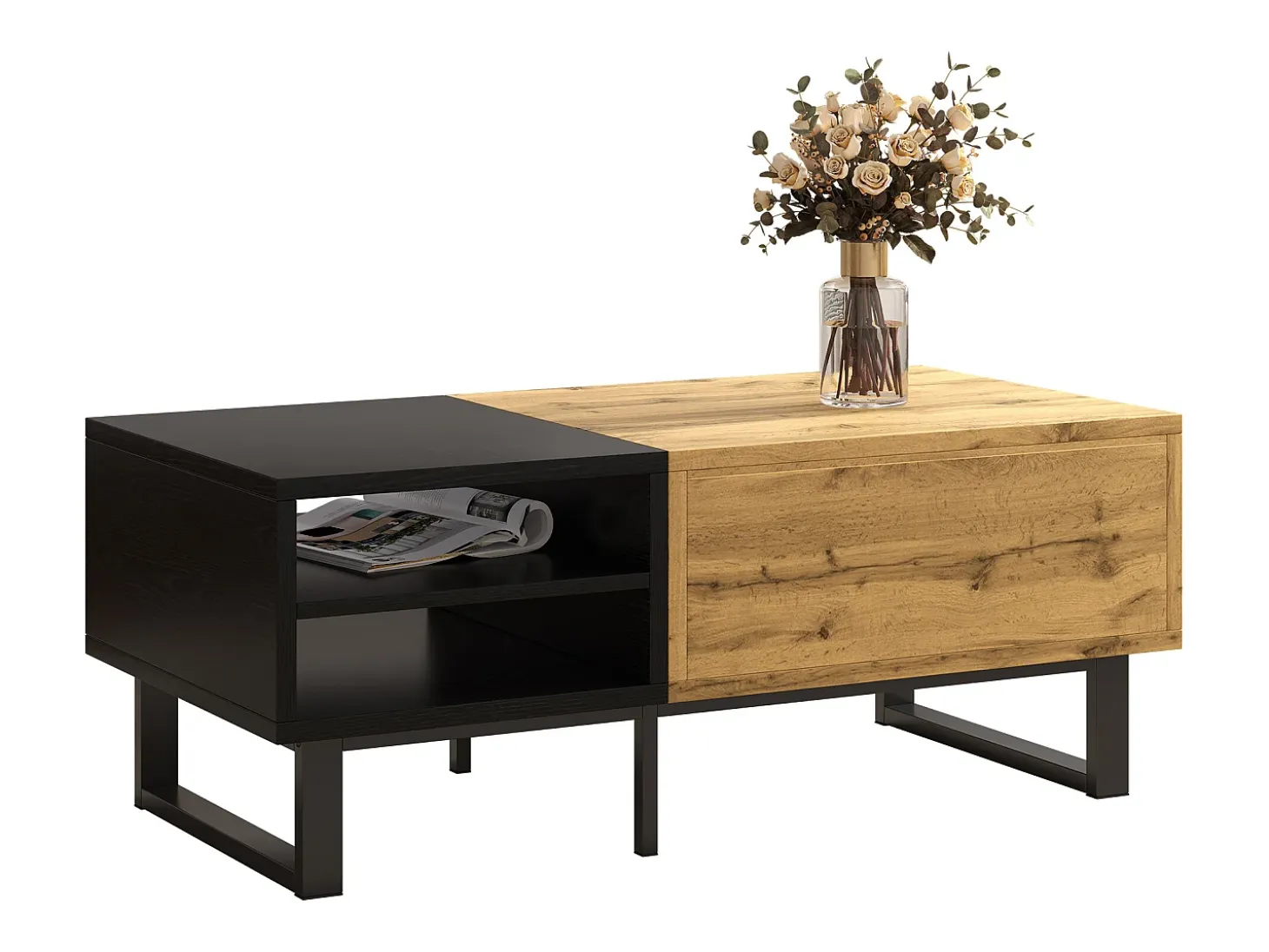 Mesa de centro con 1 cajón y estantes de almacenamiento - 100 x 50 x 40 cm - Madera MDF y metal - Natural