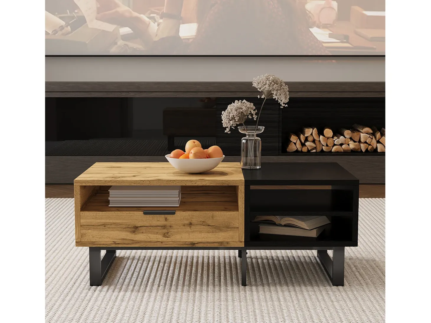 Mesa de centro con 1 cajón y estantes de almacenamiento - 100 x 50 x 40 cm - Madera MDF y metal - Natural