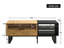Mesa de centro con 1 cajón y estantes de almacenamiento - 100 x 50 x 40 cm - Madera MDF y metal - Natural