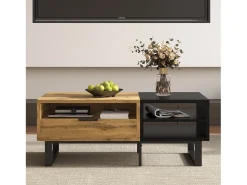Mesa de centro con 1 cajón y estantes de almacenamiento - 100 x 50 x 40 cm - Madera MDF y metal - Natural