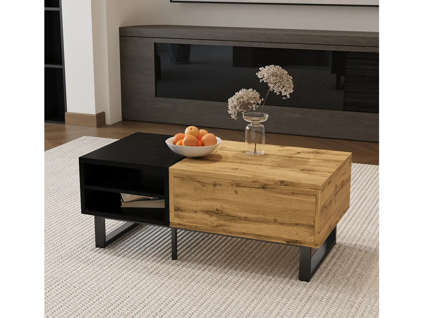 Mesa de centro con 1 cajón y estantes de almacenamiento - 100 x 50 x 40 cm - Madera MDF y metal - Natural