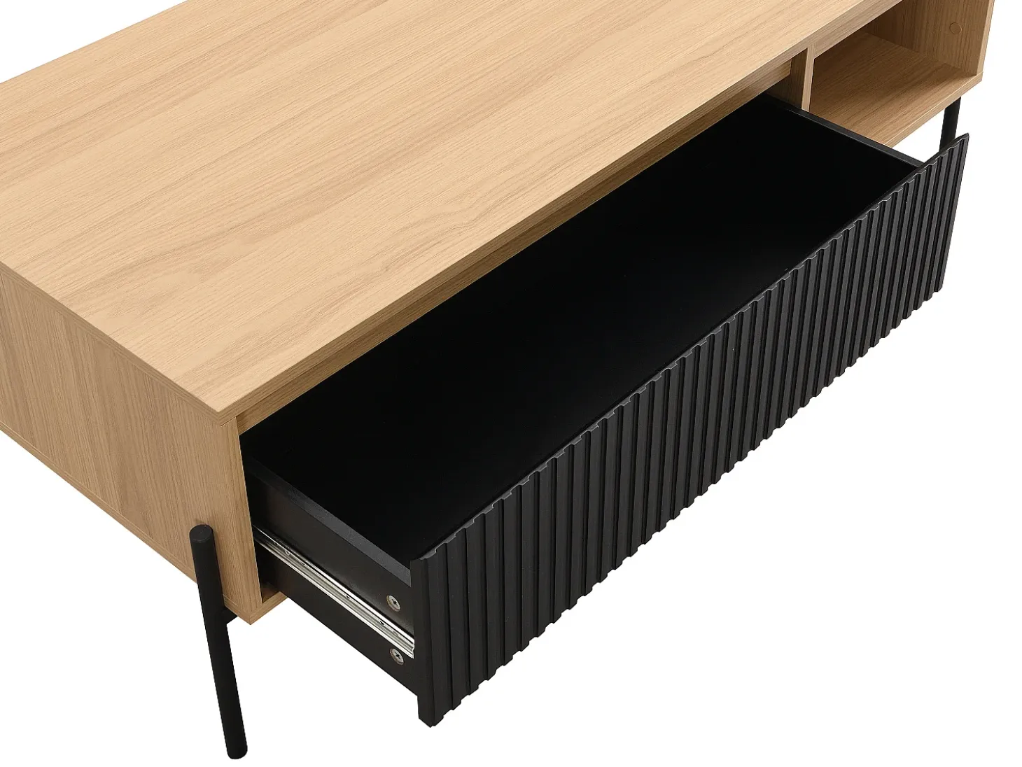 Mesa de centro con 1 cajón y 2 estantes - Negro y natural claro - GLARODI