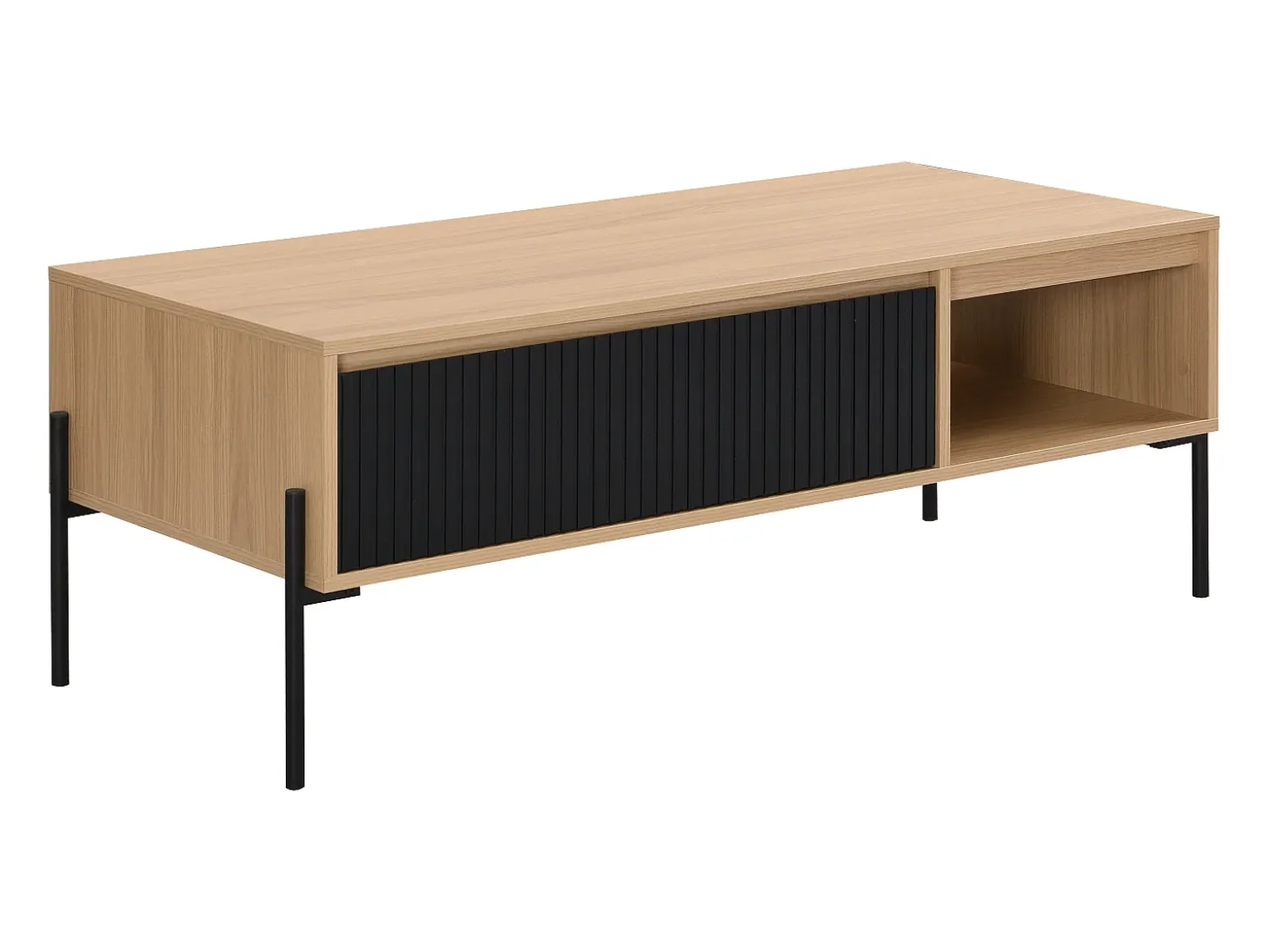 Mesa de centro con 1 cajón y 2 estantes - Negro y natural claro - GLARODI