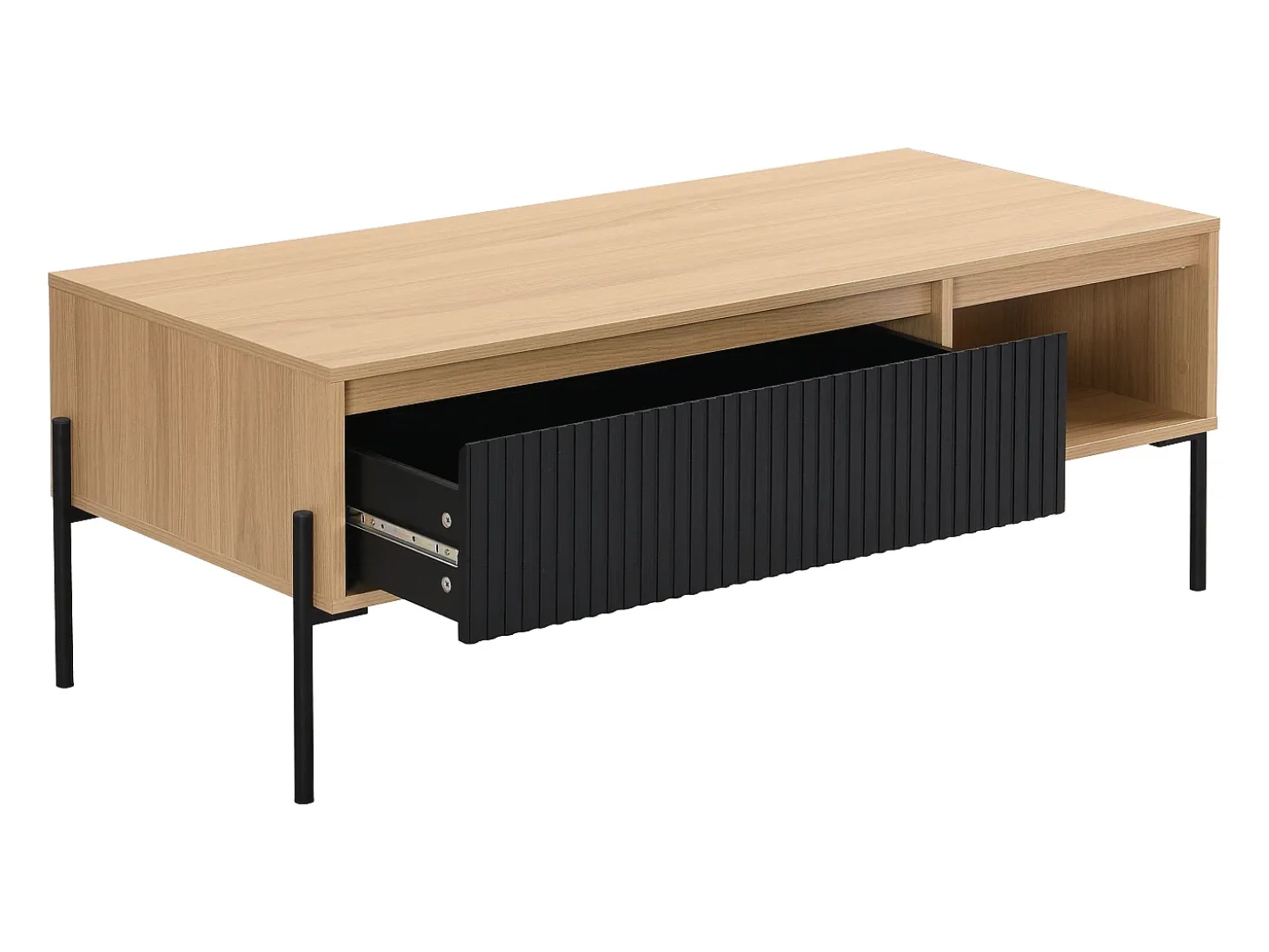 Mesa de centro con 1 cajón y 2 estantes - Negro y natural claro - GLARODI