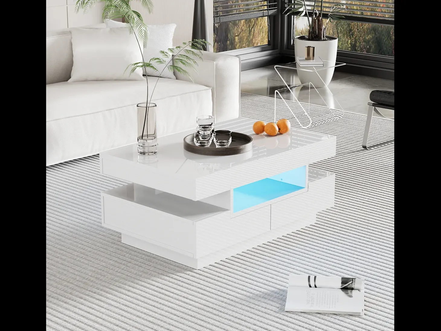 Mesa de centro con 4 cajones - 80 x 50 x 36 cm - LED - Tablero de partículas - Blanco